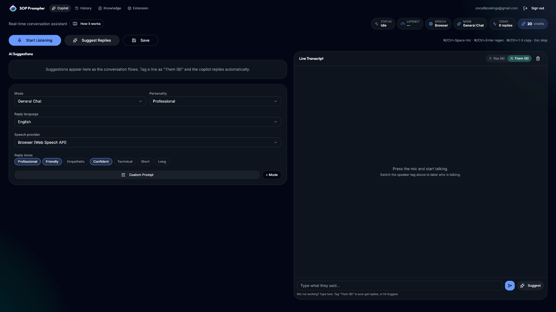 SOP Prompter copilot app interface with AI suggestions panel, live transcript, mode and personality settings, reply tones, and speech provider selection.