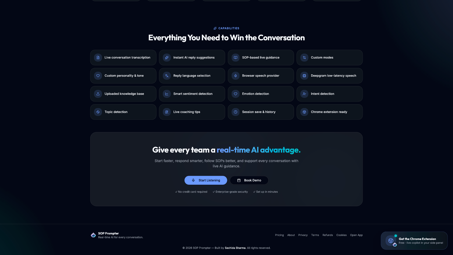 SOP Prompter features grid: live conversation transcription, instant AI reply suggestions, SOP-based guidance, sentiment, emotion, intent and topic detection, Deepgram low-latency speech, and Chrome extension.