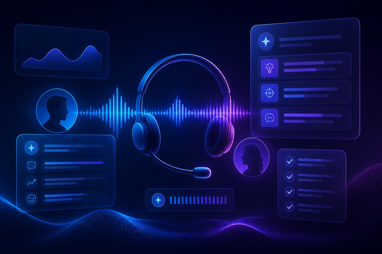 Abstract illustration of AI sales coaching during a live phone call, showing a headset, conversation waveform, and floating glassmorphism cards with real-time coaching tips and an SOP checklist.